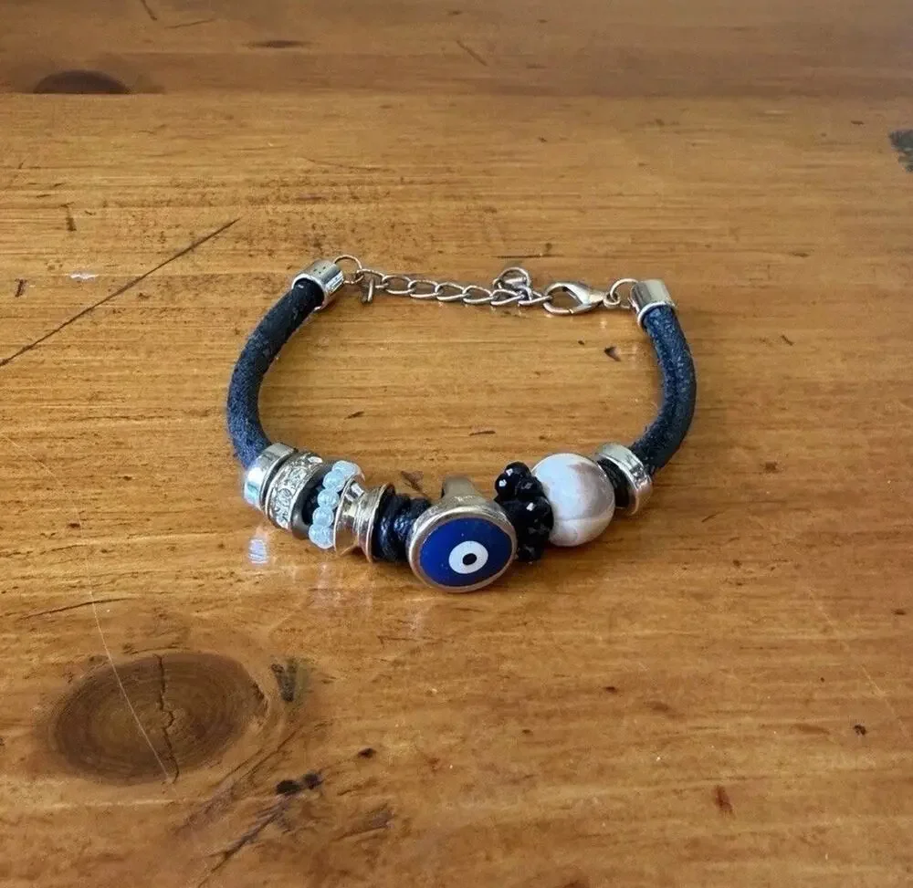 Evil Eye Charm Bracelet Black Cord Crystal Bead Protection Adjustable Fashion